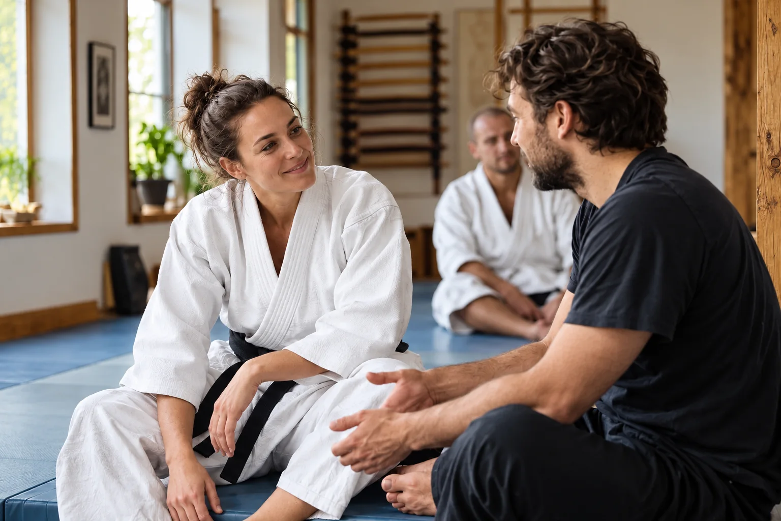 Eine Trainerin und ein erwachsener Trainingsgast sprechen am Rand der Matte miteinander.
