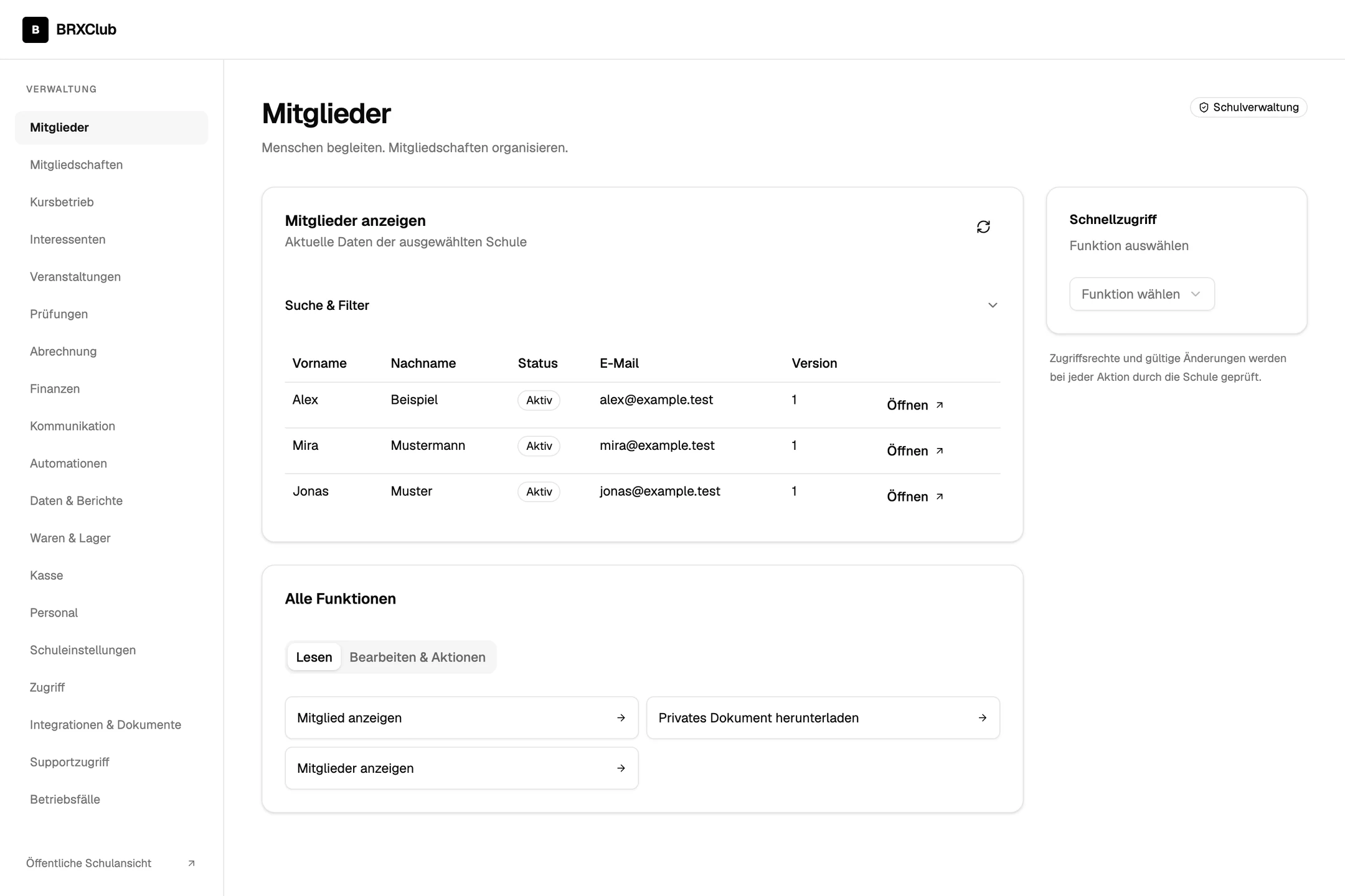BrxClub-Mitgliederverwaltung mit Navigation, Mitgliedsliste, Suche und Schnellzugriff
